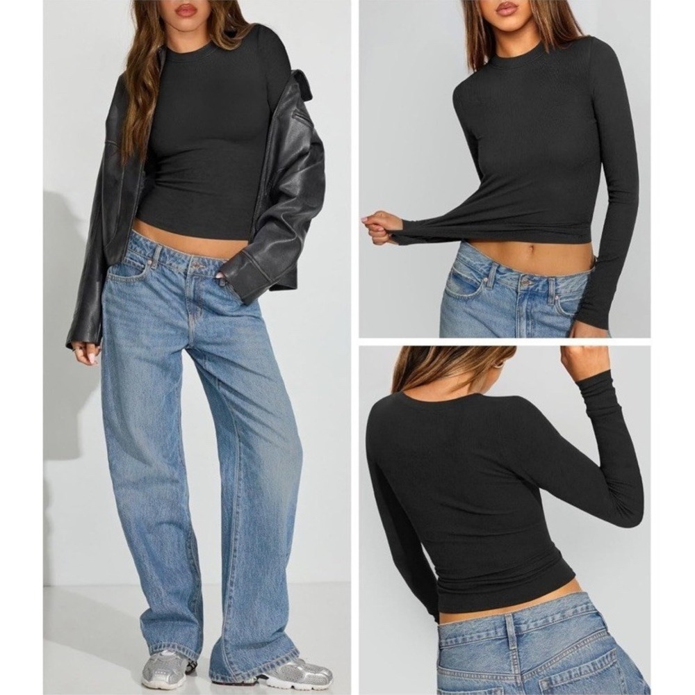 Hragc Black Ribbed Long Sleeve T Shirts Crew Neck Tight Tops Fitted Womens Large